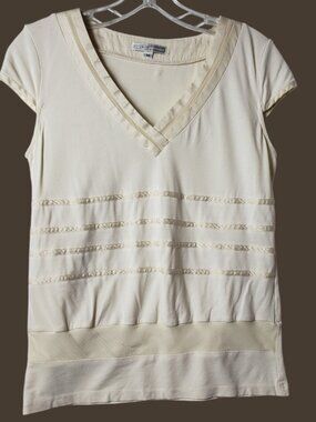 Parameter Womens V-Neck Top W/Textured Stripes & Satin Trim Accents Ivory Medium